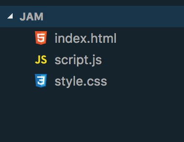 Screenshot of a file tree containing an index.html, style.css and script.js files